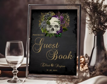 Goth Wedding Guest Book Sign with a Masquerade Skull of Purple Flowers and Black Roses, Dark Gothic Halloween Wedding Signage Template PM2