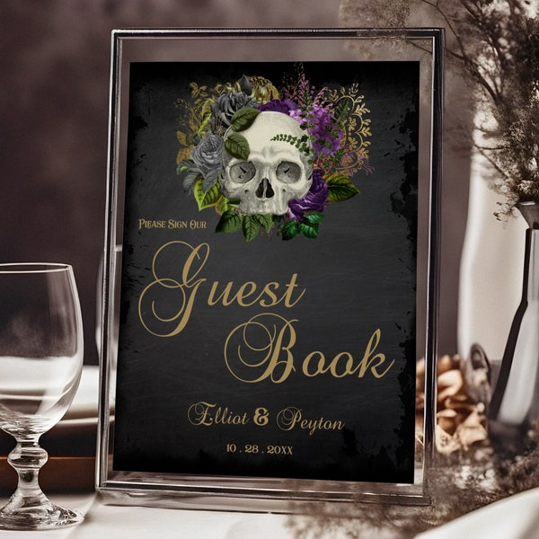 Goth Wedding Guest Book Sign with a Masquerade Skull of Purple Flowers and Black Roses, Dark Gothic Halloween Wedding Signage Template PM2