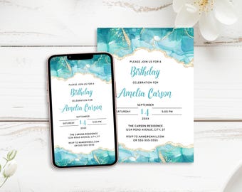 Teal Gold Agate Birthday Invitation Template: Gold Veining and Watercolor (Printable & Phone Invite)