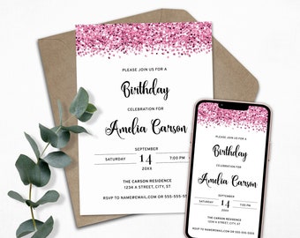 Pink Birthday Party Invitation, Sparkling Glitter Invite for a Glam Birthday Celebration, Printable and Digital E-Invite Templates