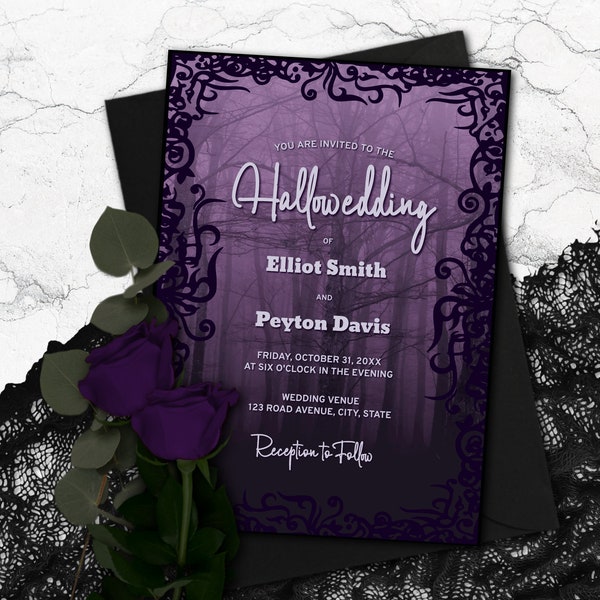 Purple Halloween Wedding Invitation Suite, Gothic Wedding Template with Black Ornate Frame and Haunting Night Silhouette