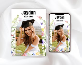 Wildflower Graduation Invitation Template — Photo Grad Celebration Invite, Editable College or High School Announcement, Printable & Digital