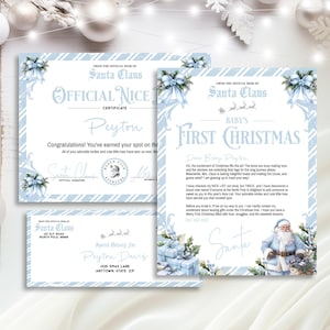 Modelo de carta de primeiro Natal do bebê do Papai Noel em azul-bebê, carta de resposta do Papai Noel azul, certificado e envelope de lista legal, para impressão