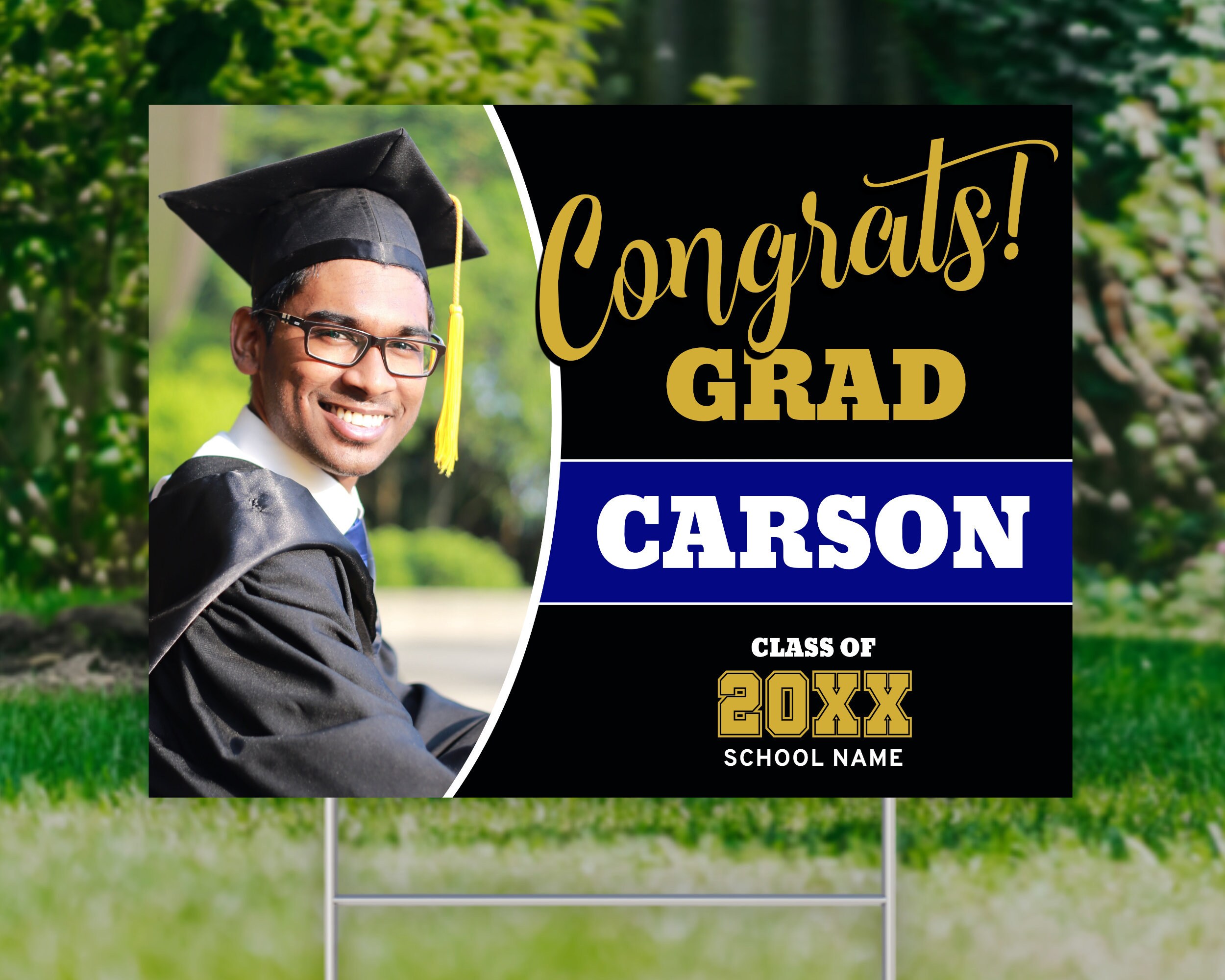 Graduation Yard Sign Photo Lawn Sign Template, Gold, Black and Blue ...