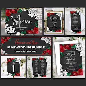 Black and Red Wedding Invitation with Red Roses, White Lace, and a Chalkboard Background Printable Mini Bundle Templates, Valentine's Day