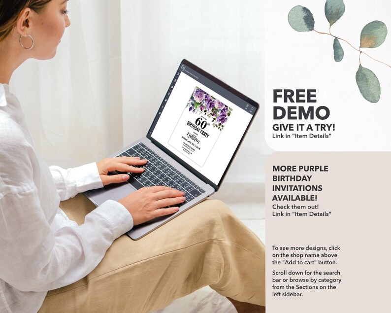 Purple Flowers Birthday Party Invitation Template, Printable and