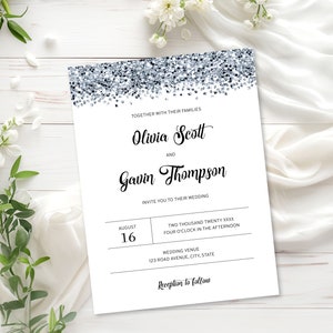 Silver Wedding Invitation Template, Glitter Wedding Invitation with Sparkling Silver Glitter