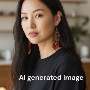 May include: A woman wearing long, beaded earrings with red, gold, and black accents. The earrings are a dangling style, with a geometric pattern. The woman is wearing a black shirt. The text "AI generated image" is visible.