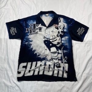 Vintage 90er Jahre Matt Sundin Toronto Maple Leafs NHL Allover Print Shirt mit Knöpfen
