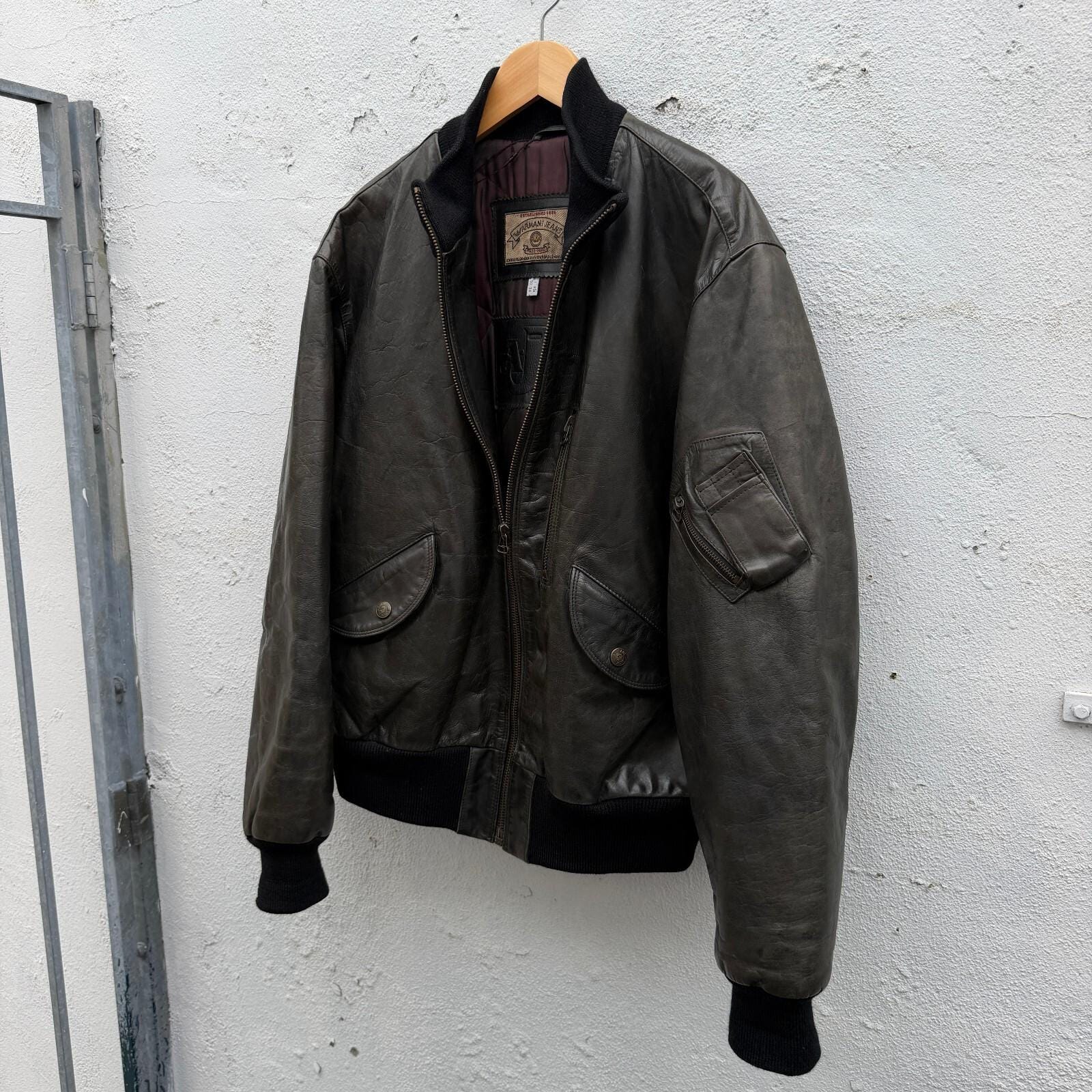 アルマーニ　レザージャケット　MA-1 vintage Vintage Armani Leather Jacket - Etsy