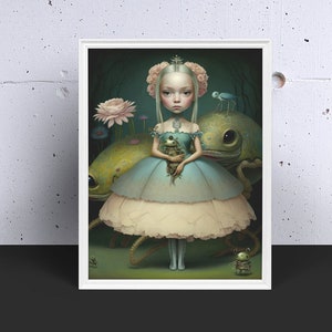 Mark Ryden inspired Art Print of a Frog Princess. Creepy Doll Illustration.
