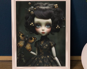 Goth Monarch Butterfly Doll Art Print. Creepy Doll art. Lowbrow Art. Mark Ryden Inspired.