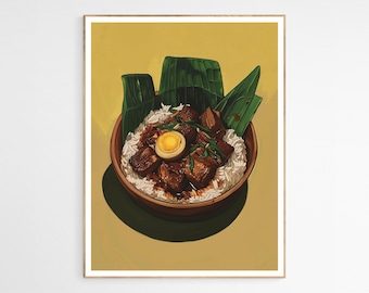 May include: A bowl of rice topped with braised pork, a soft-boiled egg, and green onions. The bowl is surrounded by green banana leaves and sits on a yellow background.