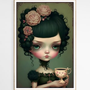 Flora Sipping Tea Art Print | Joyful Birthday Present, Dark Fantasy Illustration, Wall Art Decor