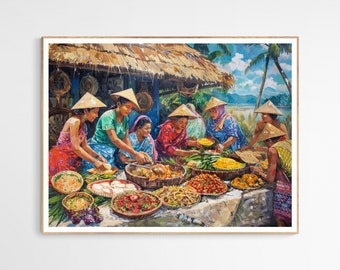 May include: A colorful painting depicting a group of women in traditional clothing selling fresh produce at an outdoor market. The women are wearing conical hats and are surrounded by baskets of fruits, vegetables, and other goods.