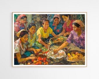 Può includere: Un dipinto che raffigura un gruppo di donne in abiti colorati riuniti intorno a cesti di prodotti freschi. Le donne stanno smistando e sistemando frutta e verdura, creando una scena vivace di attività di mercato.
