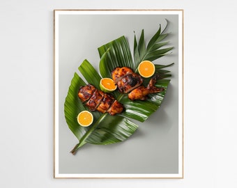 May include: Grilled chicken pieces arranged on a large green banana leaf with orange slices. The chicken is glazed with a brown sauce and the leaf has a natural, organic texture.