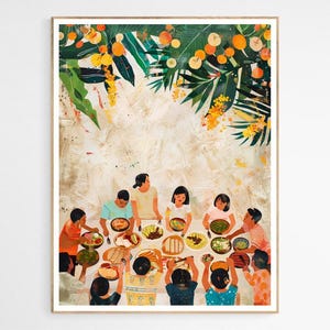 May include: A colorful illustration of a group of people sitting around a table, enjoying a meal together. The table is filled with plates of food, and the people are smiling and laughing. The background is a vibrant green and yellow, with a leafy pattern.