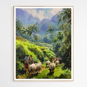 Filipino Villagers Herding Sheep Art Print |  Vibrant Cultural Landscape, Wall Decor for Home, Unique Housewarming Gift