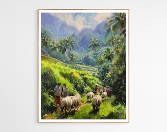 Filipino Villagers Herding Sheep Art Print |  Vibrant Cultural Landscape, Wall Decor for Home, Unique Housewarming Gift