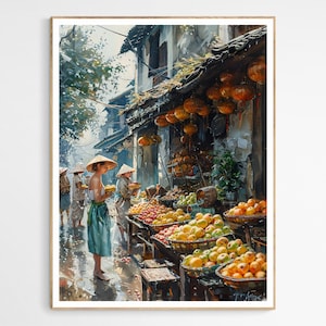 Vietnamese dorpsbewoners Street Market Art Print | Ingewikkelde Vietnam-kunstprint, kunst aan de muur, authentiek Zuidoost-Azië cadeau