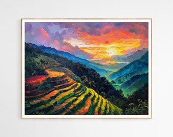 May include: A vibrant oil painting depicting a lush green rice paddy terrace in a mountainous landscape. The sky is a fiery orange and pink, with clouds casting shadows on the hills. The scene is bathed in the warm glow of the setting sun.