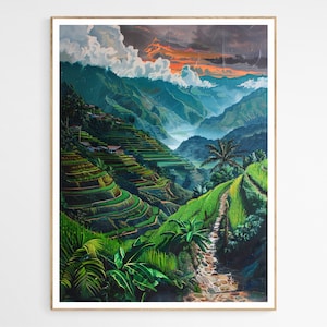 Prachtige Filippijnse Banaue rijstterras kunstprint, kleurrijke reisprint, ideaal housewarmingcadeau, etnisch decor
