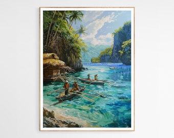 Stampa artistica di un'isola di pescatori filippini / Scena di un villaggio costiero, decorazione culturale, regalo perfetto per gli amanti dei viaggi