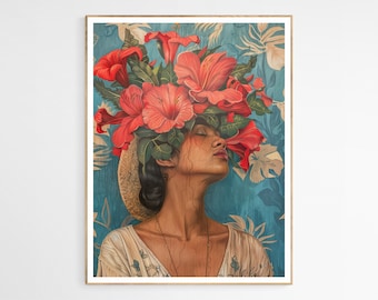 May include: A woman with closed eyes wears a crown of red hibiscus flowers. The flowers are arranged around her head and cascade down her neck. She is wearing a white shirt and has a straw hat on her head. The background is a blue and green floral pattern.