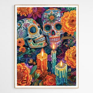 Impression d&#39;art Día De Los Muertos | Décoration d&#39;amour tête de mort en sucre, fleurs de souci, traditions mexicaines