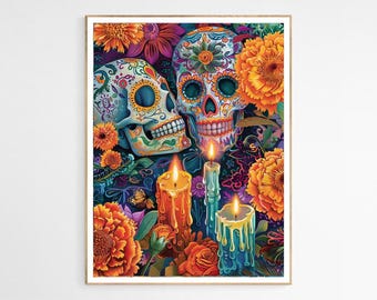 Día De Los Muertos Art Print | Sugar Skull Love Decor, Marigold Flowers, Mexican Traditions