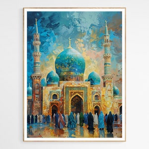 Muslims Gathering Islamic Art Print | Vibrant Old Architecture Wall Decor, Mosque, Arabic Painting, Eid Gift, Ideal Living Room Art