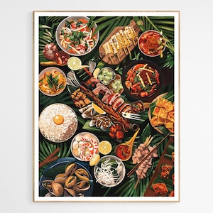 Aesthetic Filipino Boodle Fight Feast Art Print | Filipino Cuisine Art Print, Culinary Illustration, Kitchen Wall Decor, Family Decor