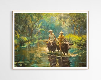 May include: Two people in straw hats ride water buffalo through a lush green jungle river. The water buffalo are brown and black, and the people are wearing traditional clothing. The scene is painted in a realistic style with vibrant colors.