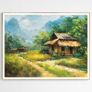 Impresión artística de cabañas de aldeas rurales de Vietnam / Arte mural cultural vietnamita, decoración del hogar, regalo de viaje único