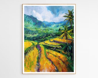 Puede incluir: Una pintura de un exuberante paisaje verde con arrozales y palmeras. El cielo es azul con nubes blancas. La pintura está realizada en un estilo pictórico con pinceladas visibles.