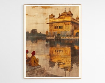 Könnte beinhalten: Ein gerahmter Kunstdruck, der einen goldenen Tempel zeigt, der sich im Wasser spiegelt. Zwei Figuren in gelben Gewändern und roten Turbans sitzen im Vordergrund auf Stufen. Das Kunstwerk hat eine warme, sepiafarbene Farbpalette mit detaillierten architektonischen Elementen.