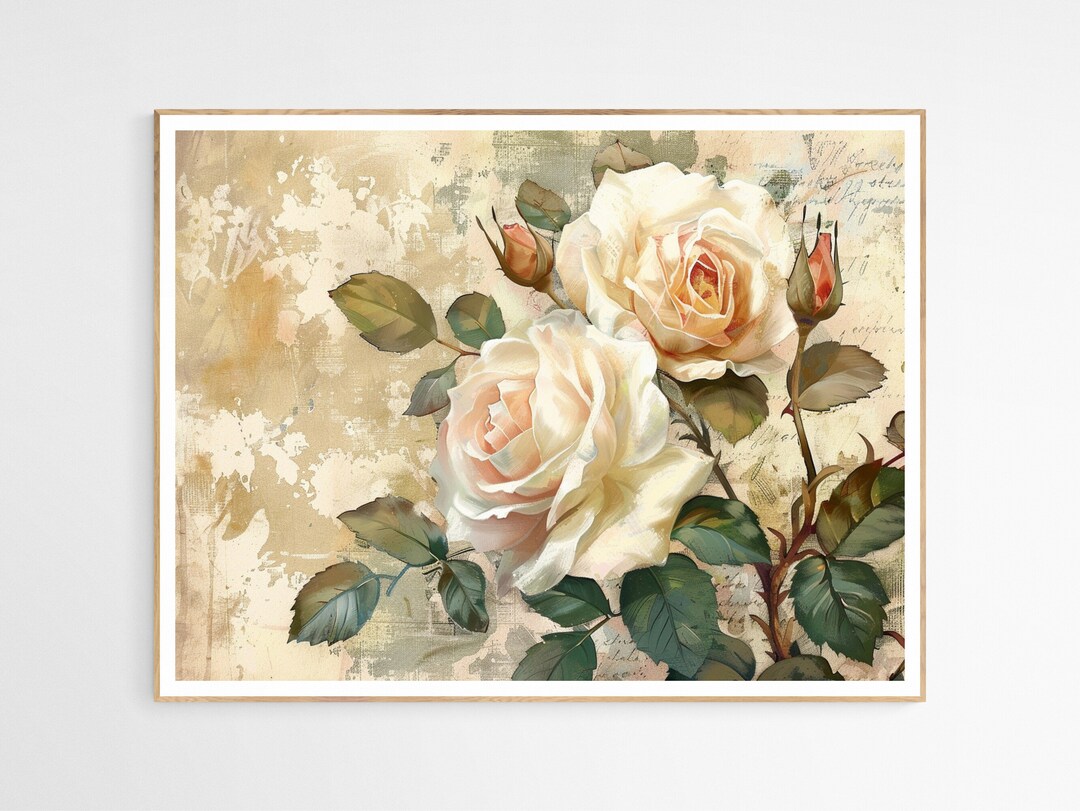 Vintage White Roses Art Print | Antique Botanical Art, Bedroom Decor ...