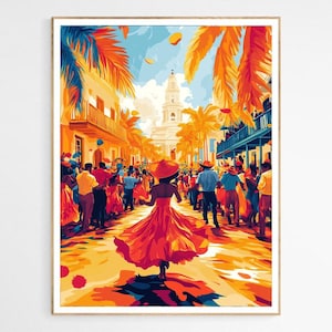 Puerto Rico Street Celebration Art Print | Vibrant Salsa Dance, Latin Dance Decor, Visit Puerto Rico
