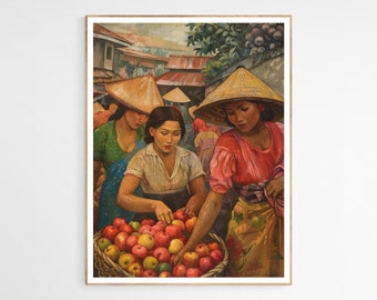 May include: Three women wearing traditional conical hats are selling apples at a market. The women are wearing colourful clothing and are surrounded by a basket of red, green and yellow apples.