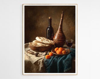 Armenian Lavash Art Print | Armenian Vintage Art, Apricots and Wine Scene, Kitchen Art