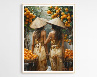 Two Vietnamese Ladies in Vietnam Art Print | Traditional Vietnamese Culture, Perfect for Living Room Display, Gift for Art Enthusiasts