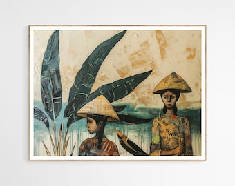 May include: Two women wearing traditional conical hats stand in front of a large green leaf. The woman on the left is wearing a blue and white patterned shirt. The woman on the right is wearing a yellow and red patterned shirt. The background is a light beige with a blue and green wash.
