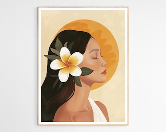 May include: A digital illustration of a woman with long dark hair and a white flower behind her ear. The background is a yellow circle with a soft orange glow.
