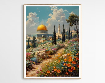 Tranquil Al-Aqsa Mosque Art Print | Dome of the Rock, Beautiful Palestine Mosque Illustration, Islamic Gift for Art Lovers