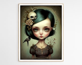 The Beauty of the Crow Queen Doll Art Print | Grillig decor in vintagestijl, elegant decoratief stuk, ideaal voor slaapkamer