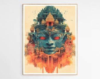 カンボジアの水彩画、アンコールワット寺院、カンボジアの壁画