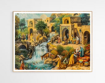 May include: A colorful painting depicting a bustling marketplace in a Middle Eastern village. The scene features a waterfall flowing through the center of the village, with people going about their daily lives, including shopping, working, and socializing. The painting is filled with vibrant colors and intricate details, creating a lively and engaging atmosphere.