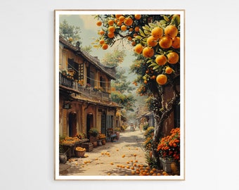 Impresión artística de una calle rústica de Hanói, Vietnam. Impresión artística de la cultura vietnamita. Ilustración vibrante para pared. Decoración del hogar. Regalo de inauguración.