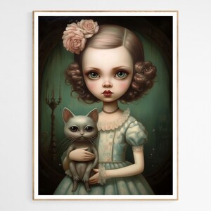 Emily and her Cat Doll Art Print | Whimsical Vintage Style, Unique Birthday Gift, Perfect Gift for Her, Nursery Decor